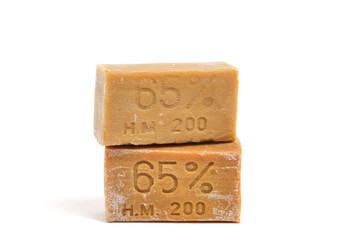 Two pieces household soap on white background, isolate.
