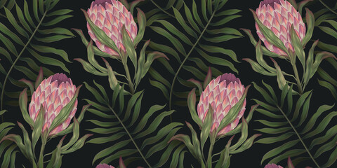 Tropical exotic seamless pattern with protea flowers in tropical leaves. Hand-drawn 3D illustration. Good for design wallpapers, fabric printing, wrapping paper, cloth, notebook covers.