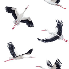 Hand painted seamless pattern with storks flying on sky background. Pattern for fabric, baby clothes, wallpapers, home textile, wrapping paper and other decoration