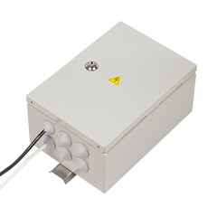 Outdoor metal electrical cabinet junction box with warning signson white background