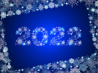 shining white snowflakes make up numbers 2022 with a frame  of snowflakes on dark blue background - 473509048