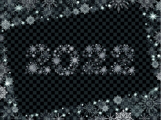 shining white snowflakes make up numbers 2022 with a frame  of snowflakes on
transparent background - 473509049