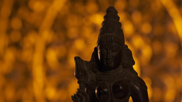Statue of Parvati goddess, wife of Shiva, Hinduism religion. Light fading in.