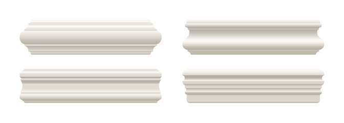 Set of white skirting cornice moulding or baseboard. Ceiling crown on white background. Plaster, wooden or styrofoam interior decor. Classic home design. Vector illustration.