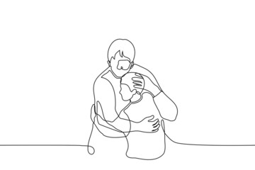 adult hugs child who cuddles to him - one line drawing vector. concept of long awaited meeting of parent and son, younger congratulates elder, adult comforts child