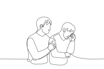 man comforts another crying man - one line drawing vector. concept of man consoles friend, emotional support, empathy, kindness, openness, responsiveness