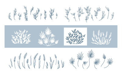 Fototapeta na wymiar Outline Tropical Plant Branches with Leaves and Bush Silhouettes. Palm Leaf Vector Set. Floral design