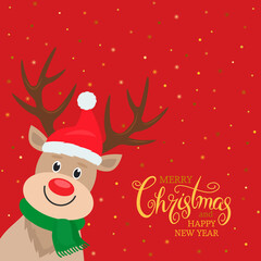 Fototapeta na wymiar cute deer with Santa Claus hat smiling on a background of golden snowflakes. congratulatory hand lettering.