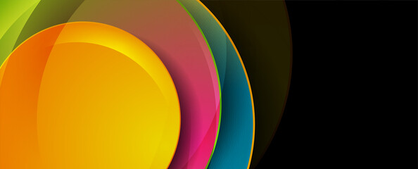 Colorful shiny glossy circles abstract geometry background. Technology vector banner design