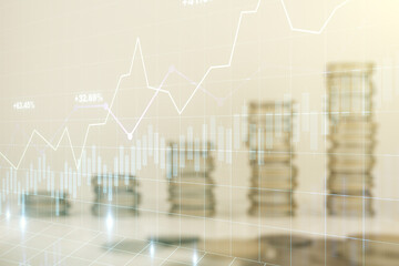 Multi exposure of virtual creative financial chart hologram on growing stacks of coins background, research and analytics concept