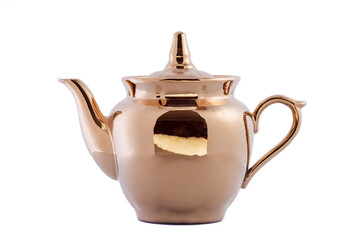 Vintage porcelain gold jug isolated on white background. Copy space.