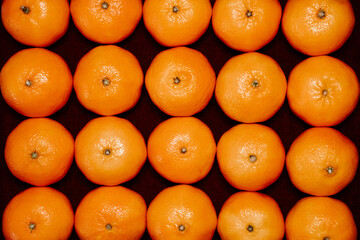 Ripe orange Clementines on red velvet background. Tropical fruit pattern. Classic Christmas background