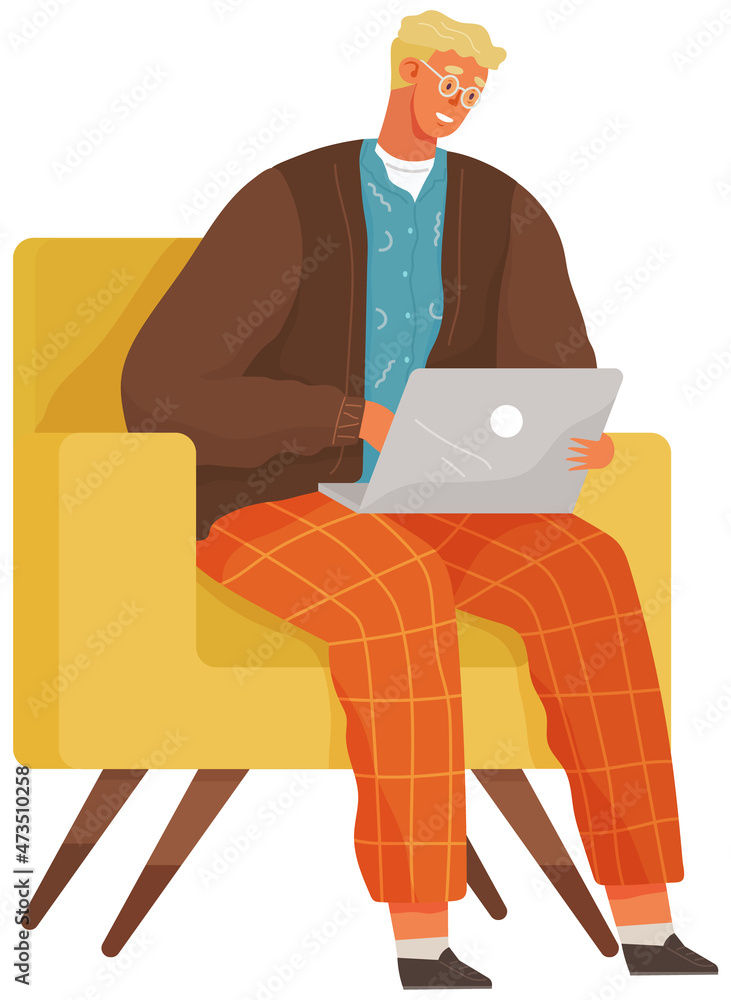 Aufkleber working male character employee in office sitting on armchair with computer typing on keyboard commu