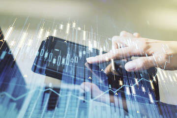 Multi exposure of abstract creative financial chart with finger presses on a digital tablet on background, research and analytics concept