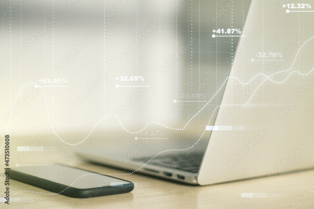 Poster double exposure of abstract creative statistics data hologram on computer background, analytics and 