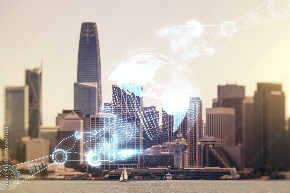 Aufkleber abstract virtual robotics technology sketch with globe on san francisco office buildings background,