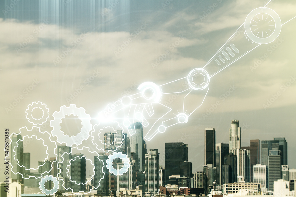 Aufkleber abstract virtual robotics technology hologram on los angeles skyline background. robot development a