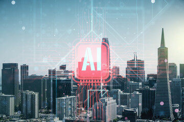 Fototapeta na wymiar Creative artificial Intelligence symbol hologram on San Francisco cityscape background. Double exposure