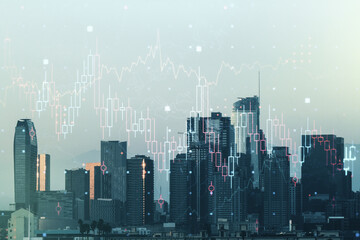 Abstract virtual financial graph hologram on Los Angeles cityscape background, financial and trading concept. Multiexposure