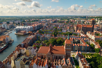 Gdansk. A city by the Baltic Sea on a sunny beautiful day. Aerial view over the seaside city of Gdańsk.