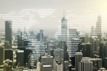 Fototapeta premium Multi exposure of abstract graphic world map hologram on Chicago office buildings background, connection and communication concept