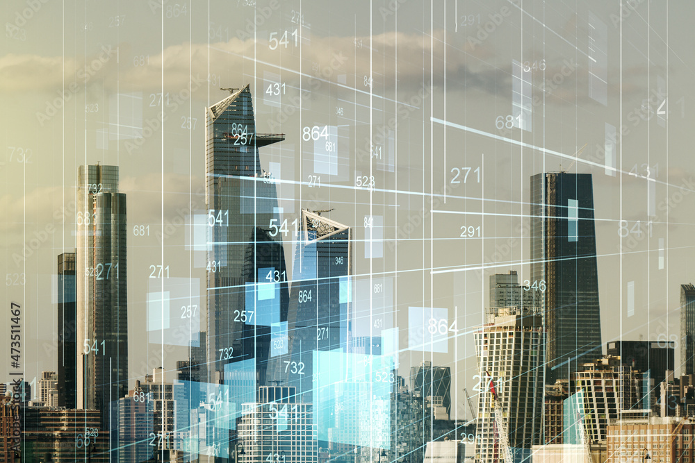 Poster multi exposure of abstract virtual graphic data spreadsheet sketch on manhattan cityscape background