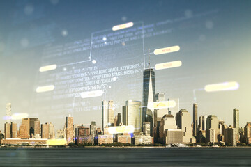 Multi exposure of abstract graphic coding sketch on Manhattan cityscape background, big data and networking concept