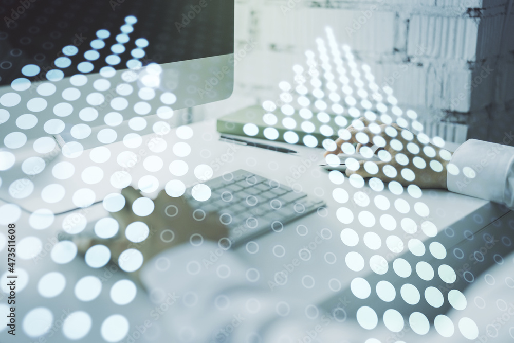 Poster creative abstract upward arrows hologram and hands typing on computer keyboard on background, leader