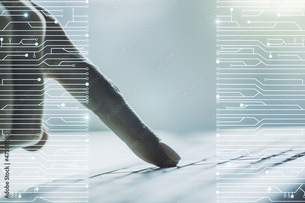 Poster creative concept of microscheme illustration and hands typing on laptop on background. big data and 