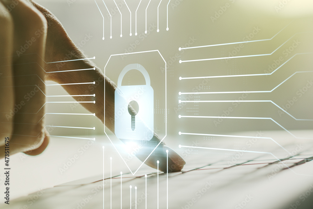Poster creative idea concept with lock symbol and microcircuit illustration and hands typing on laptop on b