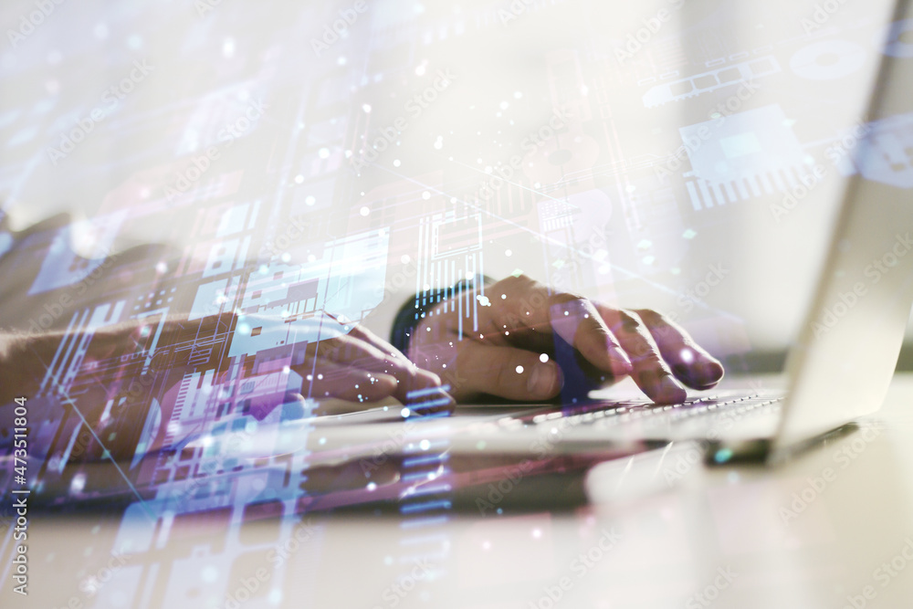 Poster double exposure of abstract programming language hologram with hands typing on laptop on background,