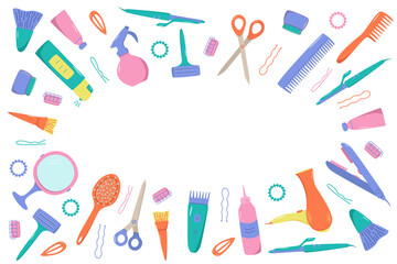 Hairdressing tool kit for beauty salon or home use. Vector illustration of doodle icons for self and hair care. Comb, razor, hair dryer, curling iron and other items.
