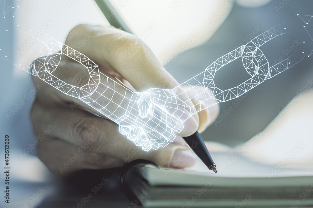 Poster creative concept of blockchain technology with handshake and woman hand writing in notebook on backg