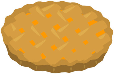 Delicious homemade cake. Pumpkin pie isolated on white background. Baked pie with dough and pumpkin. Baked goods, culinary product, holiday cake. Bakery, homemade pastry vector illustration