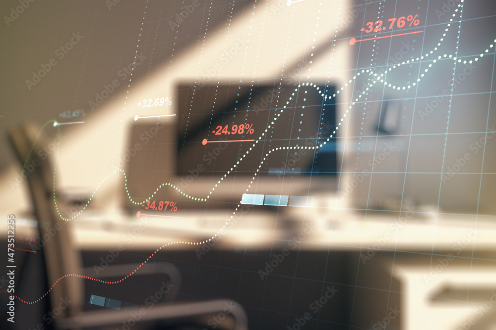 Poster multi exposure of abstract graphic data spreadsheet sketch and modern desktop with pc on background,