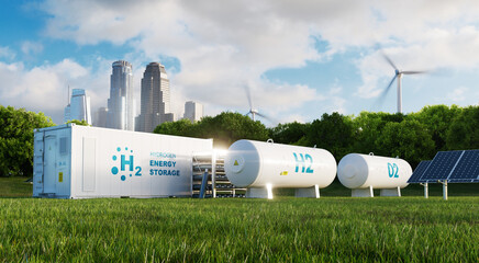 Concept of an energy storage system based on electrolysis of hydrogen in a clean environment with photovoltaics, wind farms and a city in the background. 3d rendering. - obrazy, fototapety, plakaty