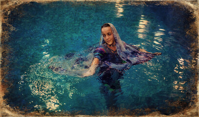 Pretty young woman relaxing in the pool.