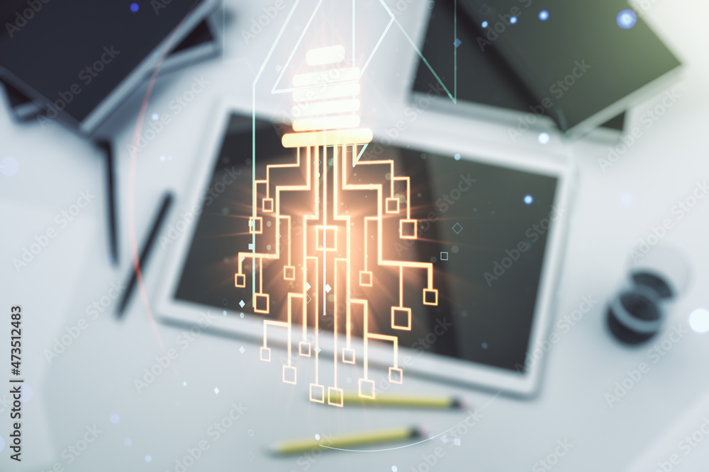 Poster creative light bulb illustration with microcircuit and modern digital tablet on desktop on backgroun