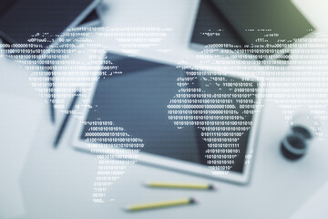 Multi exposure of abstract graphic world map and modern digital tablet on desktop on background, top view, big data and networking concept
