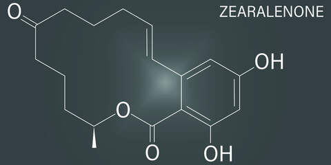 Zearalenone, ZEN mycotoxin molecule skeletal formula. Produced by some Fusarium and Gibberella species.
