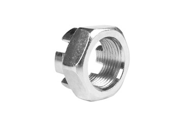 Macro shot metal nut isolated on white background. Chromed screw nut isolated. Steel screw-nut isolated. Nuts and bolts. Tools for work.