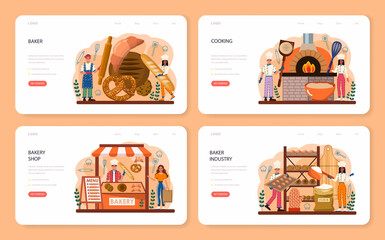 Baker web banner or landing page set. Chef in the uniform baking bread.
