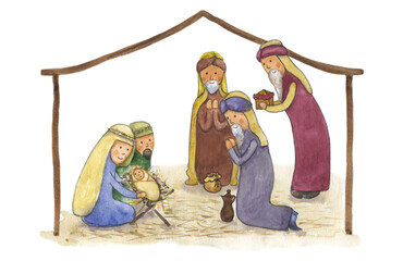 Watercolor drawing Christmas story. The wise men came to worship the baby Jesus and bring Him the gifts