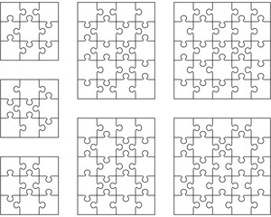 Illustration of seven different white puzzles, separate pieces	