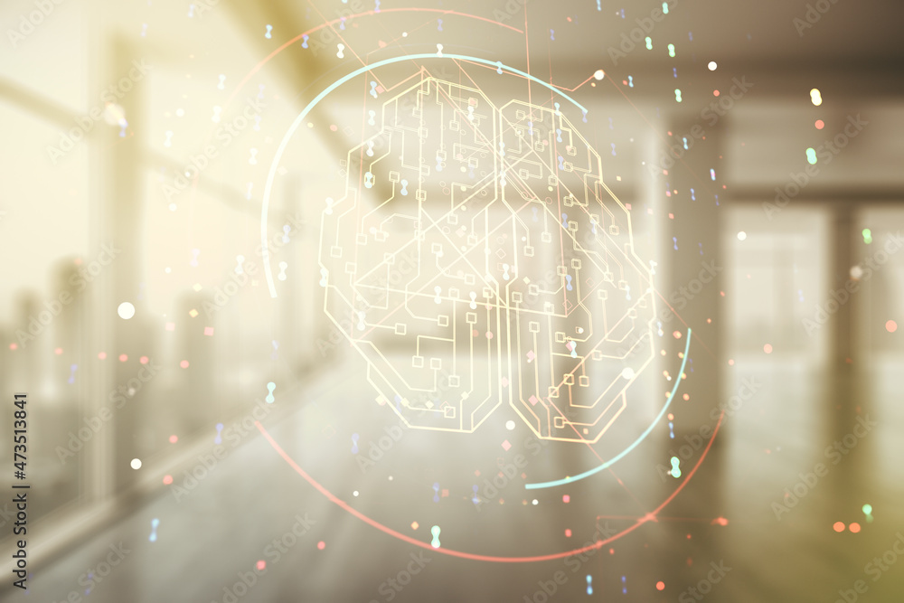 Aufkleber double exposure of creative human brain microcircuit hologram on empty room interior background. fut