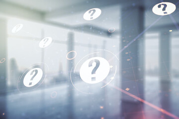 Abstract virtual question mark sketch on empty room interior background, FAQ and research concept. Double exposure