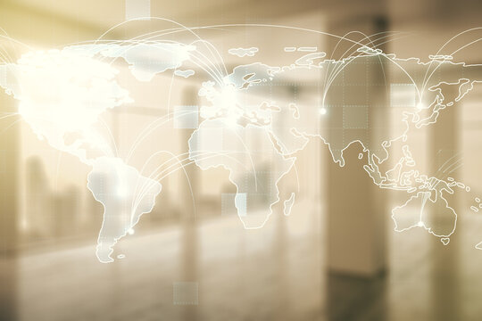 Abstract graphic digital world map hologram with connections on modern interior background, globalization concept. Multiexposure