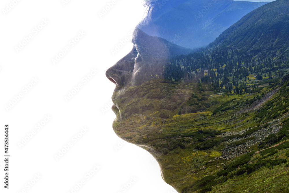 Sticker combination of the silhouette of a man face and a landscape with mountains. connection between man a