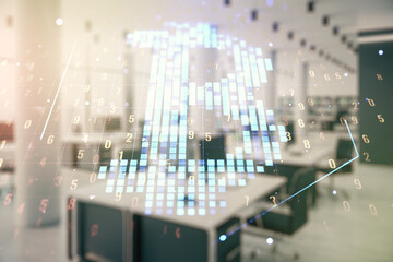 Double exposure of creative Bitcoin symbol hologram on a modern furnished office interior background. Mining and blockchain concept