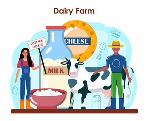 Dairy farm. Fresh local milk products. Farming food production.